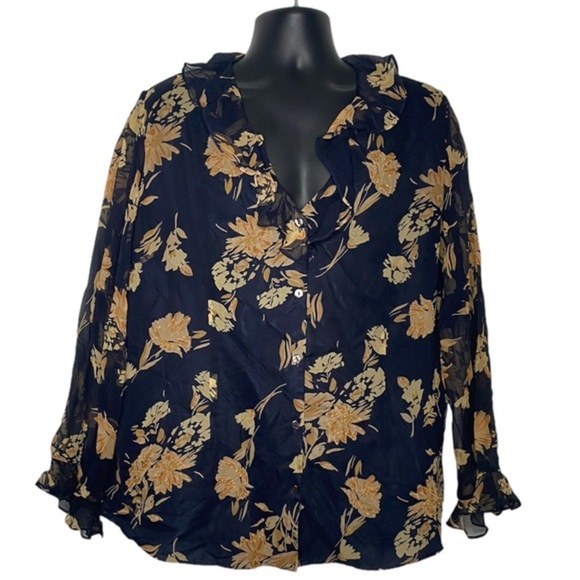 Giorgio Fiorline Tops - Giorgio Fiorline Floral Ruffle Blouse (Size:18, Color:Navy Blue/Multi)